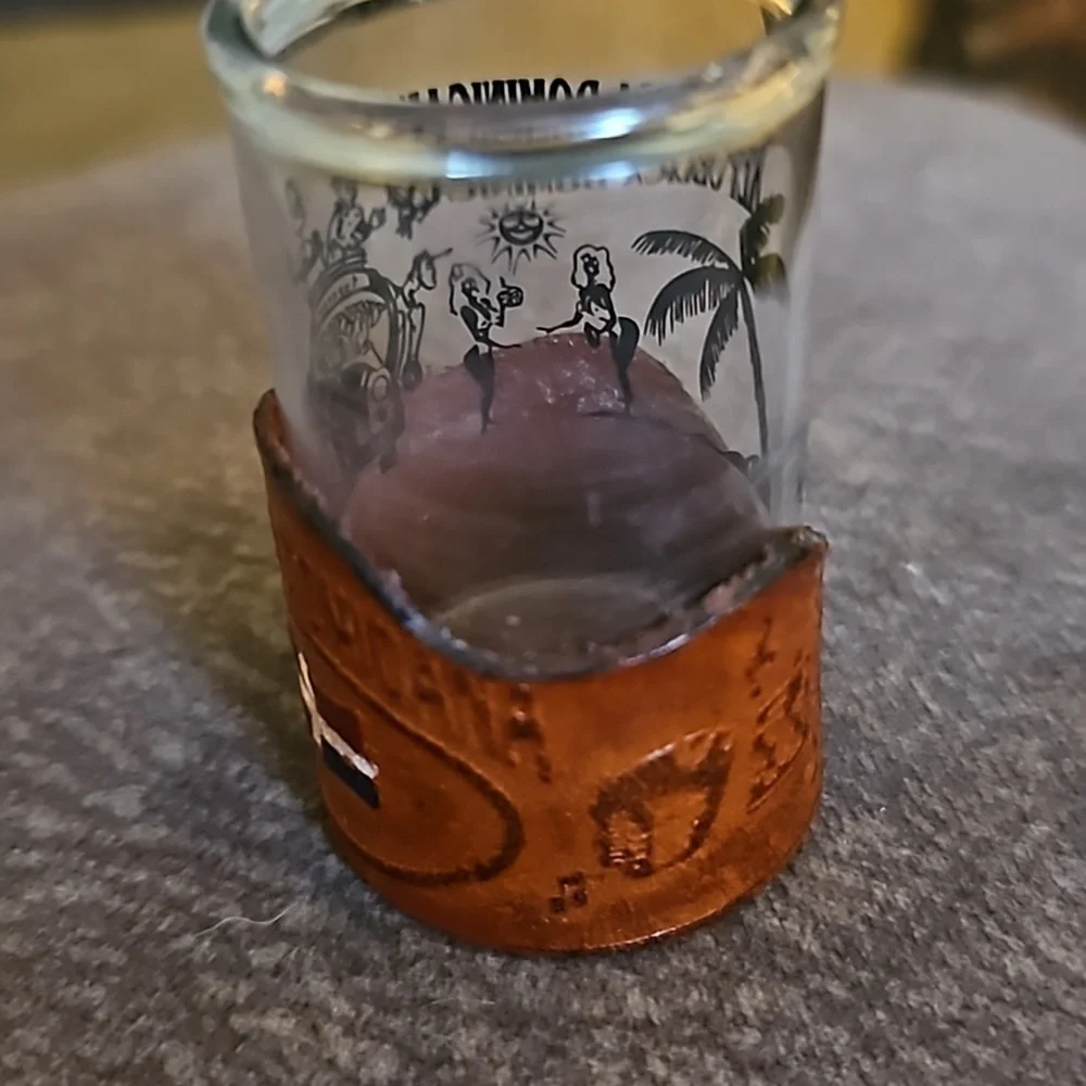 3/$30 Dominican Republic Leather Tooled Tourist Shot Glass